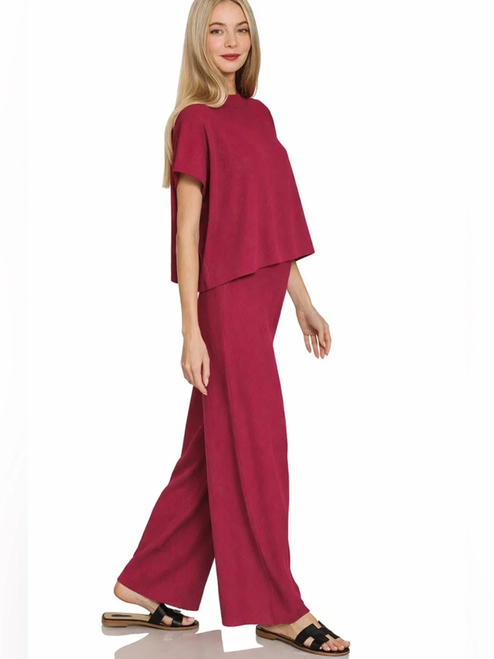 NEW Zenana Cabernet Red Ribbed Knit Matching Lounge Set Top & High Rise Pants